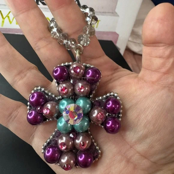 Vintage Beaded Cross Pendant with Crystal Bead Loop – Statement Jewelry - Picture 3 of 5